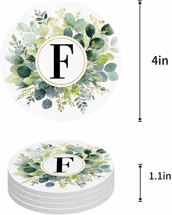 Coasters Set of 4 Letter F Drink Coasters with Holder Absorbent Stone Ceramic Cup Mat Alphabet Green Eucalyptus Leaves Coaster for Drinks Coffee Bar Office Kitchen Cafe Home Decor