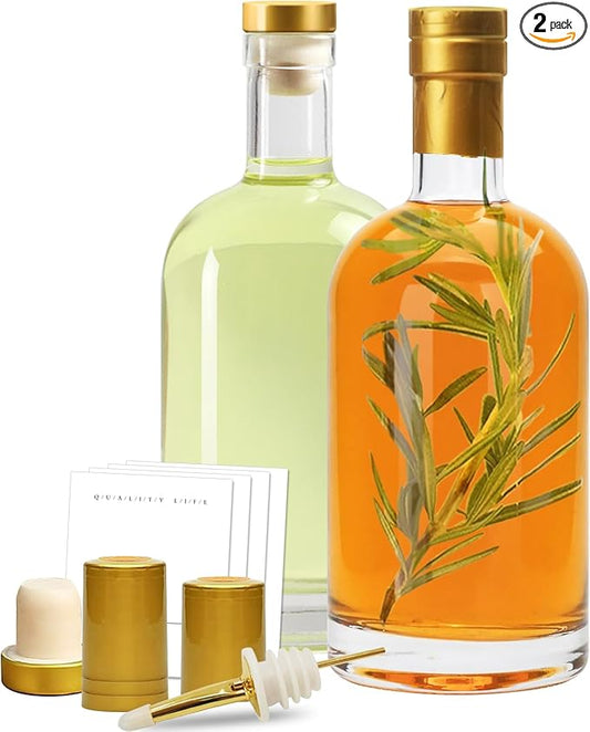 Olive Oil Dispenser Bottle for Kitchen, Clear Glass Oil and Vinegar Dispenser Set, Coffee Syrup Dispenser, Container With Metal Pour Spout, Airtight Lid, Funnel, Waterproof Labels (500ml-s-2 Pack)