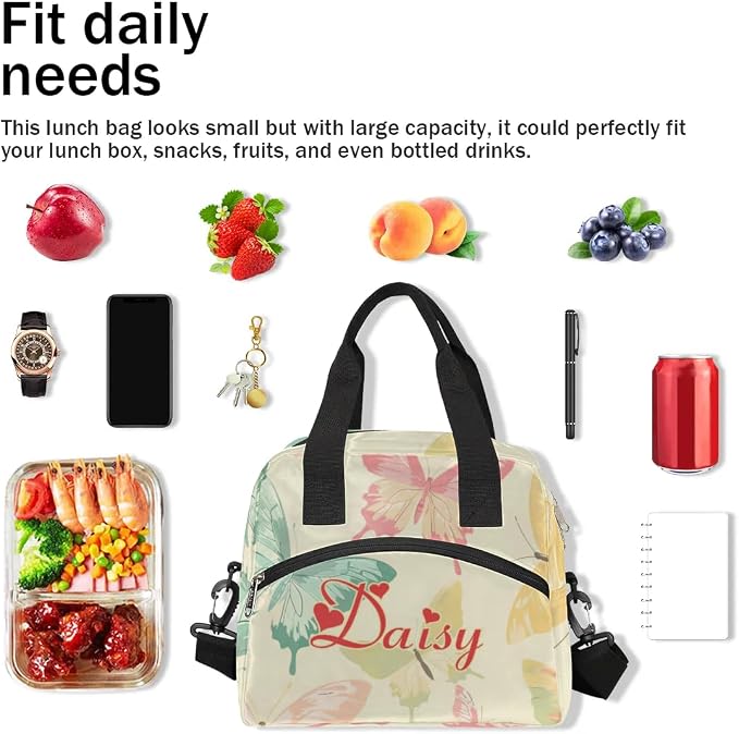 Personalized Yellow Butterfly Lunch Bag for Women, Custom Name Insulated Cooler Lunch Box for Work Office Picnic,Leakproof Reusable Lunch Tote Bag