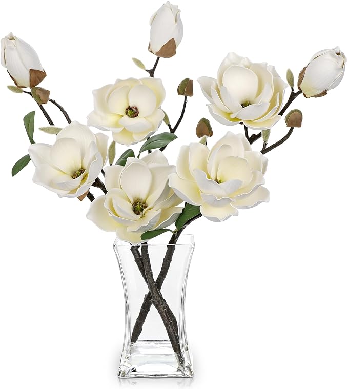 Briful Artificial Magnolia Flower Arrangement with Glass Vase, 18.5in White Faux Magnolia Flowers Fake Floral Centerpiece for Eleglant Home Office Room Table Shelf Décor
