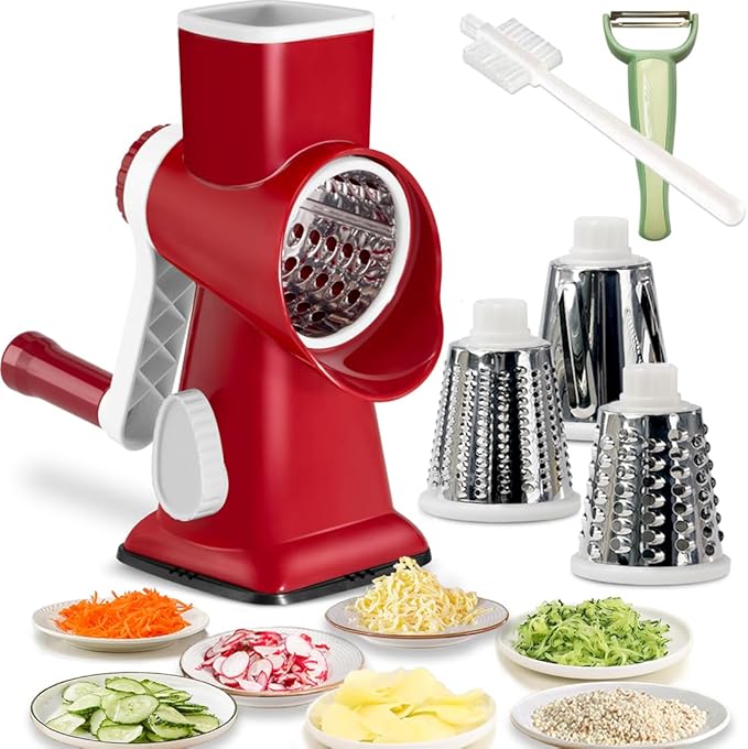 Rotary Cheese Grater Shredder with Handle Handheld Round Mandoline Vegetable Slicer Carrot Shredder Nut Grinder with 3 Replaceable Stainless Steel Drum Blades and Upgrade Strong Suction, Red/White