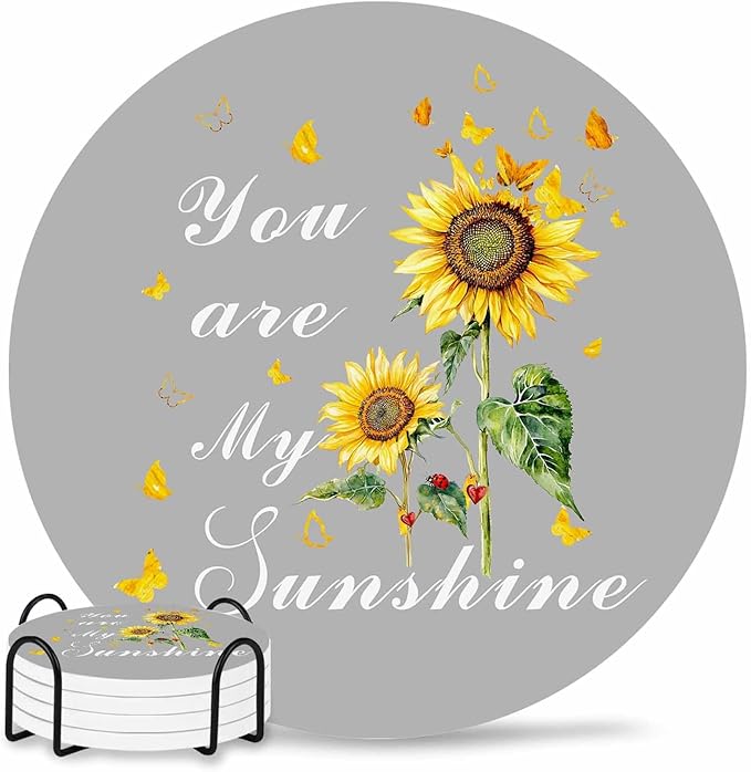 Coasters Set of 4 Sunflowers Drink Coasters with Holder Absorbent Stone Ceramic Cup Mat Grey Butterfly You are My Sunshine Coaster for Drinks Coffee Bar Office Kitchen Cafe Home Decor