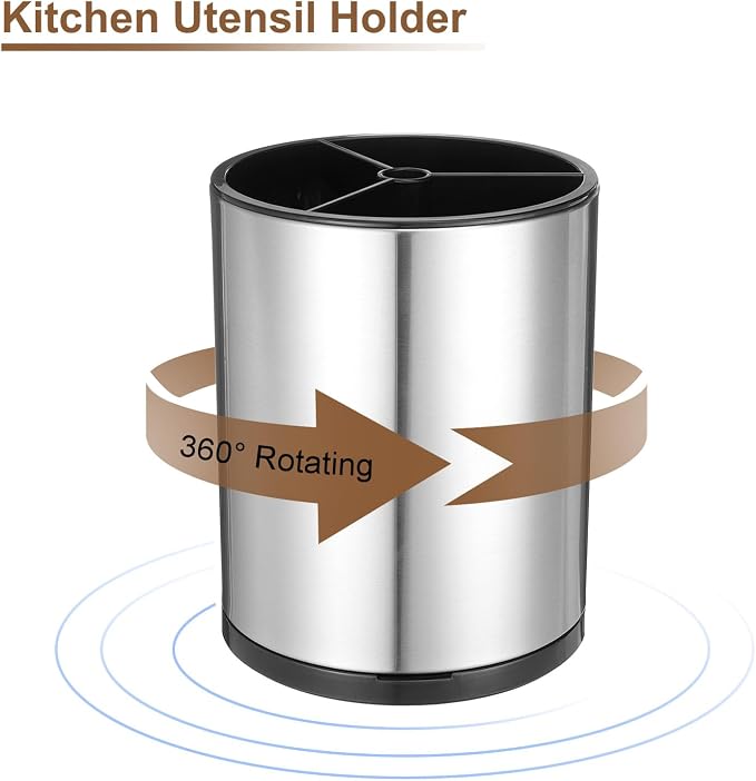 uxcell Kitchen Utensil Holder, Stainless Steel 360° Rotating Cylinder Partition Storage Cooking Utensil Holder 3 Compartment 6.3" Caddy Flatware Countertop Organizer, Silver Tone