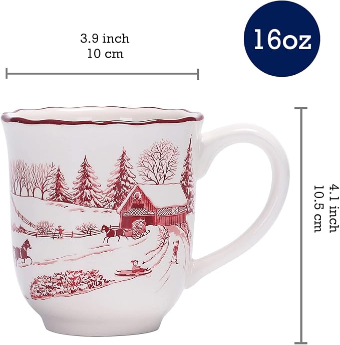 Bico Toile De Jouy Winter Wonderland Ceramic Mug Set of 4, Christmas Coffee Mugs, 16oz Holiday Cups for Tea, Cocoa, or Hot Drinks, Microwave & Dishwasher Safe
