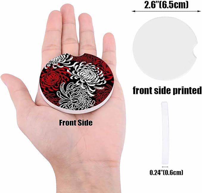 Small Car Coasters for Cup Holders 2.65" Absorbent 4 Pack Car Coaster Ceramic Stone for Drinks Absorb Water Drops Abstract Floral Red Black and White Dahlia