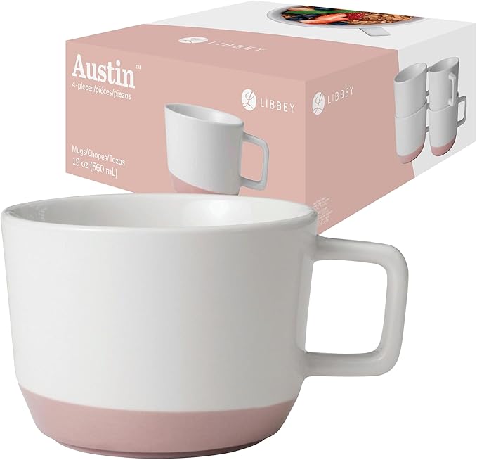 Libbey Austin Himalayan Pink Porcelain Coffee Mugs, Modern Colorblocked Large Coffee Mugs Set of 4, Stackable Ceramic Mug Set for Holidays, Daily Use
