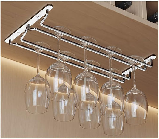 CAKERS Under Cabinet Hanging Stemware Display Rack|304 Stainless Steel Wine Glass Holder|Wine Glass Storage Organizer Hanger,2 Rows,45cm(17.7in)