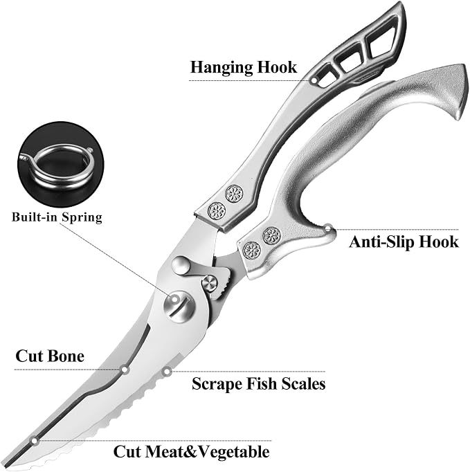 Zicolu Poultry Shears Heavy Duty Professional, Multipurpose Kitchen Shears with Sheath, Spring-Loaded Stainless Steel Chef Scissors Cutting Bone, Chicken, Fish, Food, Meat, Full Steel Handle Silver