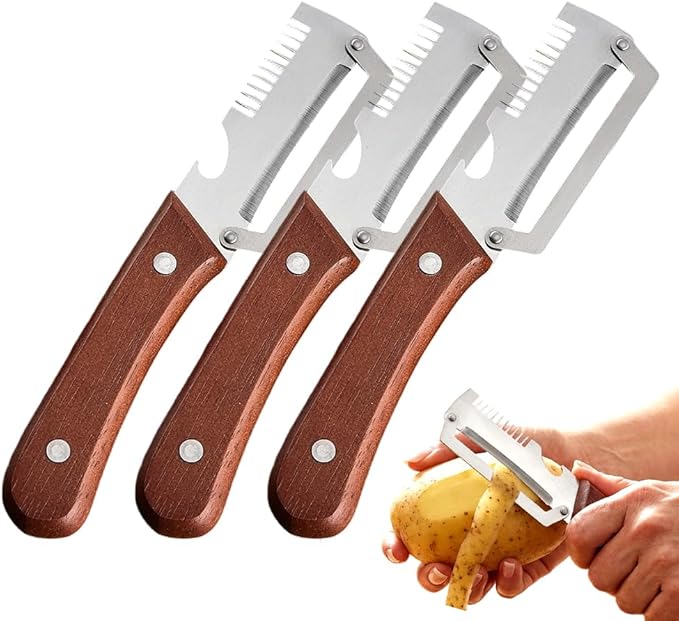 3 Pack 3 in 1 Multi-Functional Vegetable Peeler for Kitchen, 2026 New Stainless Steel Peeler with Bottle Opener and Wooden Handle, Kitchen Tool Peeler for Vegetable, Veggie, Fruit (Red Handle*3)