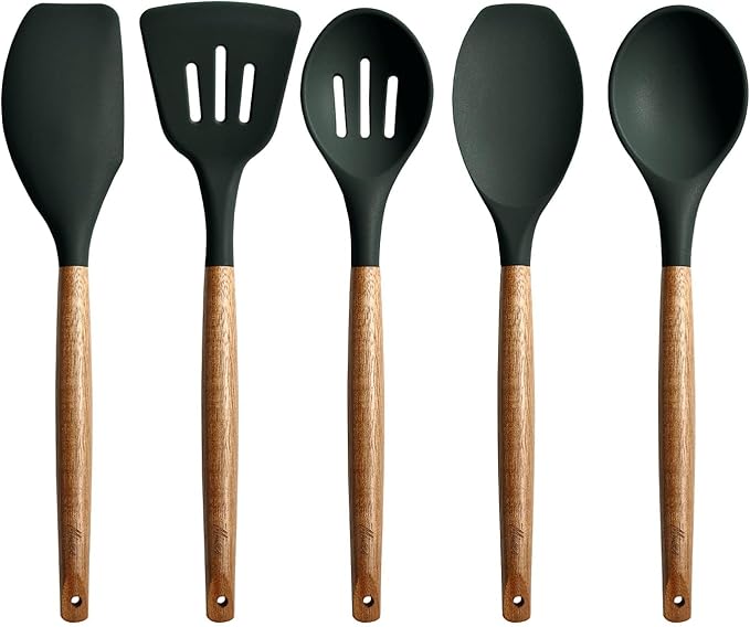 Non-Stick Silicone Cooking Utensils Set with Natural Acacia Hard Wood Handle, 5 Piece, High Heat Resistant (Green)
