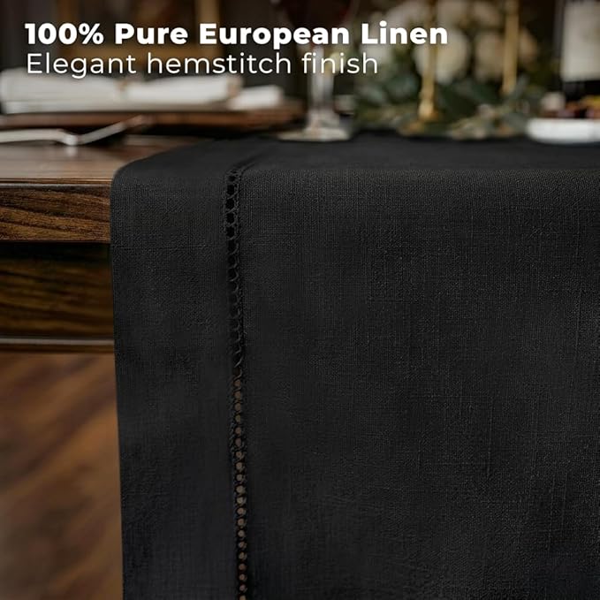 Signature Linen™ by D'Moksha Black Table Runner 36 Inches, 100% Pure Linen, Hemstitch, Coffee Table Runner, 14 x 36 Inch for Dresser Tables- Summer, Father's Day