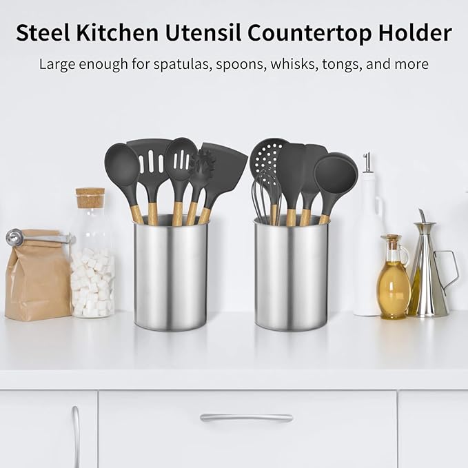 Homaisson 3 PCS Stainless Steel Kitchen Utensil Holders, 5.5 x 7.3 in Cylinder Kitchen Countertop Organizer, Dishwasher Safe Cooking Utensil Holder, Large Capacity for Cafe Restaurant Bakery