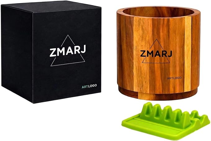 Acacia Wood Utensil Crock Pair With Green Spoon Rest Holder perfect for Kitchen Counter, Rotating 360° Wooden Utensil Holder, Countertop Decor, Utensil Organizer