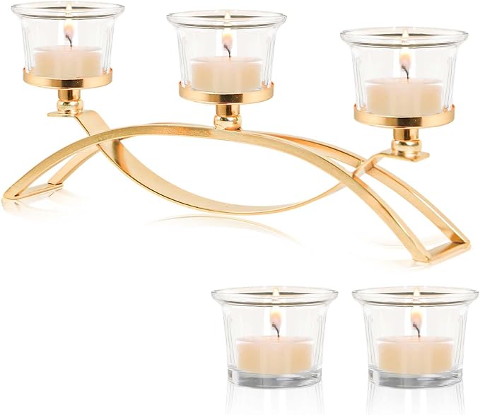 3-Arm Metal Tea Light Candle Holder Set with 5 Glass Cups, Votive Candle Holders Centerpiece Candelabra for Wedding Table Decor, Home Gatherings and Holidays (Gold, 5 Cups)