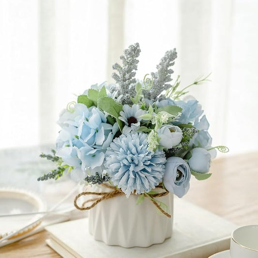 TKAS Artificial Faux Silk Fake Flowers Arrangement, Small Realistic Roses & Hydrangea in Ceramic Vase, Dining Table Centerpiece for Wedding Party Home Decoration (Blue)