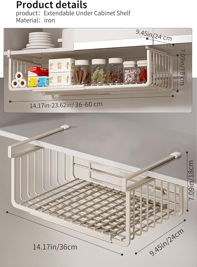 Extendable Under Shelf Storage Basket, Hanging Baskets Under Cabinet Shelf Organizer, for Cabinet Pantry Kitchen Cupboard Desk Counter Bookshelf Space Saver Heavy Duty Slide-in (Black, 1 Pack)