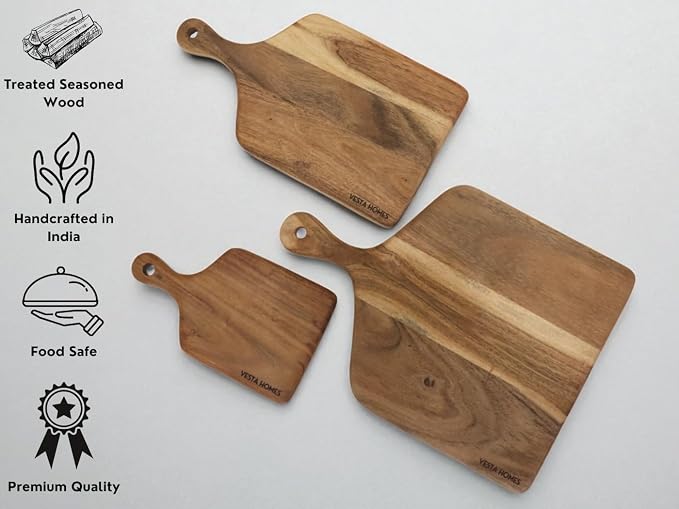 Vesta Homes Cutting Boards for Kitchen, Large Wood Chopping Board Set of 3 | Acacia Charcuterie Board, Cheese Platter | 16.5 * 12, 15 * 8, 10x6 Inches | Handcrafted in India