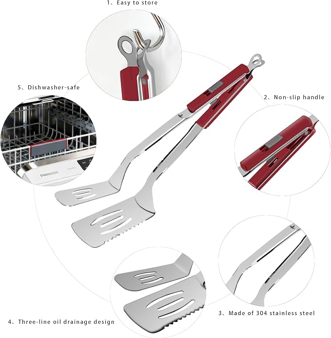 13.5-inch Stainless Steel Tongs for Cooking – Versatile Metal Spatula Tongs for Flipping, Picking Up, Cutting, and Stir-Frying Meats and Other Foods. Kitchen Tongs Durable and Multifunctional.(Red)