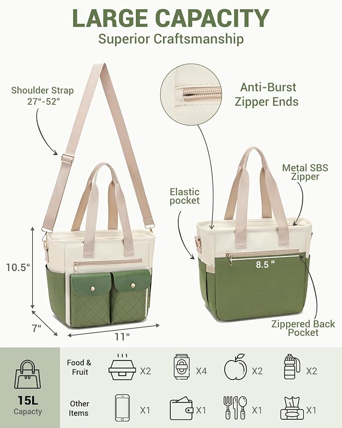 RalChyez Lunch Box for Women, Large Lunch Tote Leakproof Adult Lunch Bag Insulated Lunch Cooler Purse with Storage Pocket for Work Picnic Beach Trip Green