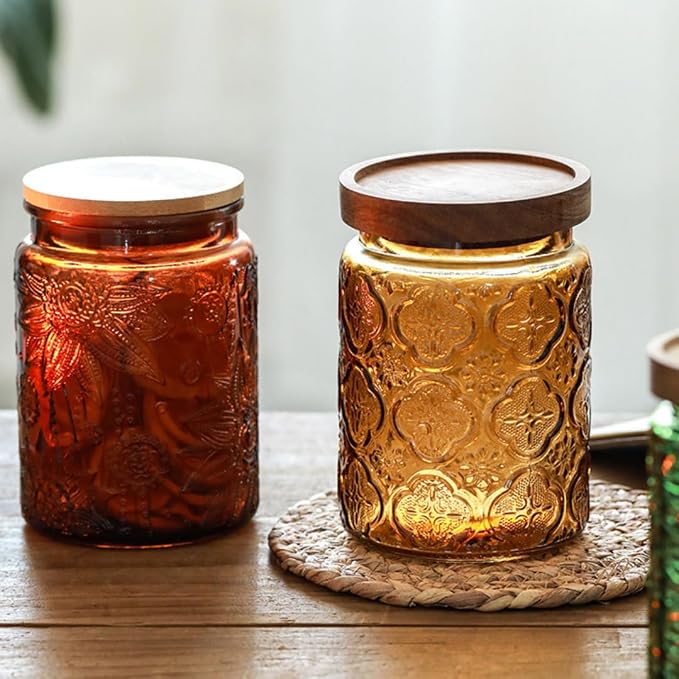 ANSQU Set of 2 Vintage Glass Kitchen Storage Counter Jar, 23.7 FL OZ Candy Jars with Lids, Coffee Container for Ground Coffee, Mason Jar Hold Tea, Sugar, Bath Salts & More (Amber, 2 Pack)