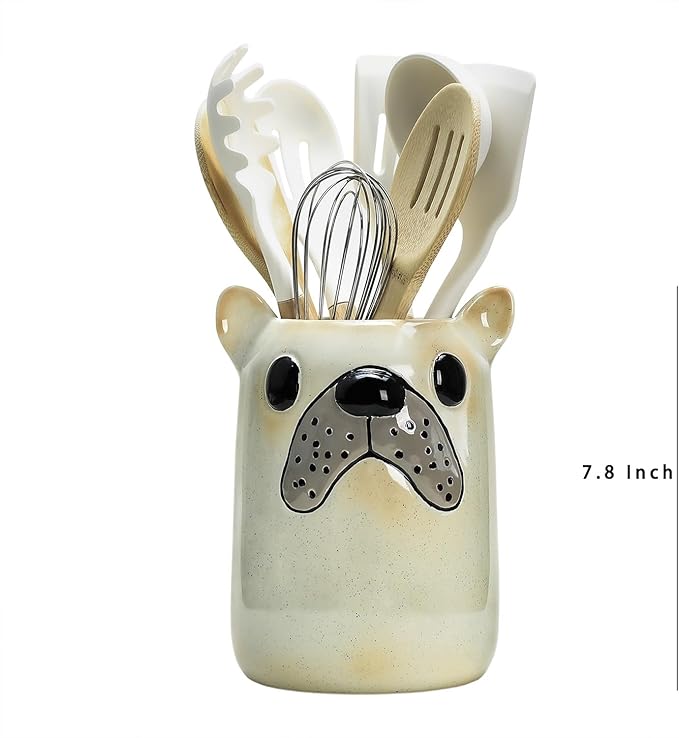 Ceramic Cartoon Animal Pattern Kitchen Utensil Holder, Large Cooking Utensil Crocks for Kitchen Countertop, Cartoon Style Utensil Organizer for Spatula, Kitchen, Home Decoration-Bulldog
