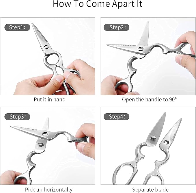 Stainless Steel Detachable Kitchen Shears Full-Steel Forged Metal Scissors for Food, Professional Chef Shears Bone Cutting Meat Pizza Scissors Kitchen Utensils Come Apart, Silver