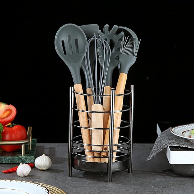 Black Kitchen Utensil Holder for Kitchen Counter, Stainless Steel Utensil Crocks, Black Titanium Coating Utensil Storage Caddy Organizer, Cooking Utensil Holder, Easy Cleaning (Black/7.4''x5.2'')