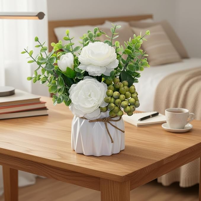 LADADA White Artificial Flowers with White Vase for Table Centerpiece Home Decor