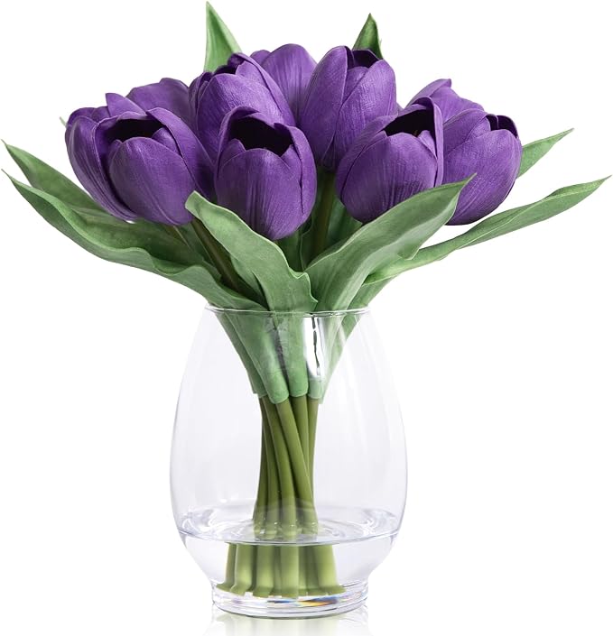 WELL KNOWN 12 Pcs Fake Tulips Artificial Flowers in Vase with Faux Water, Real Touch Purple Foam Tulips Arrangement with Vase for Home Office Wedding Party Decor Dining Table Centerpiece & Mom's Gift