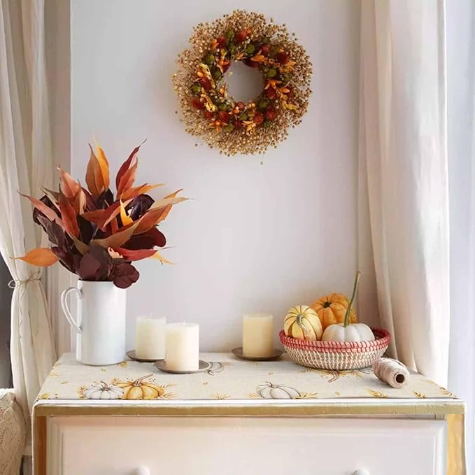 Fall Pumpkins Table Runner - 120 Inch Long, Grey Golden-yellow Pumpkin Thanksgiving Dining Table Runner Dresser Scarves, Maple Leaf Farm Harvest Decor for Coffee Table Wedding Party Banquet, 13x120 in
