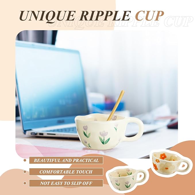 Vesici 2 Pcs Ceramic Coffee Mugs with Spoon, Vintage Floral Spring Mugs with Handle, 8.5 oz Aesthetic Flower Porcelain Tea Cup Set, Dishwasher & Microwave Safe Mothers Day Gifts for Mom(Charming)