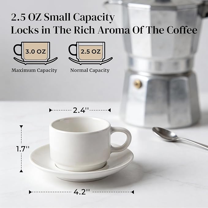 DOWAN 2.5 Ounce Porcelain Stackable Espresso Cups with Saucers Set of 4, White Espresso Cups for Home, Office and Cafe Use