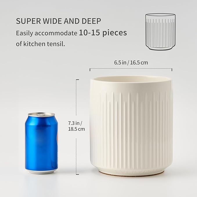 JIEMEI HOME Utensil Holder, 7.2" Large Ceramic Stable Utensil Crock for Kitchen Counter, Utensil Holder with Cork Mat, Removable Bamboo Divider for Easy, Kitchen Decor, White