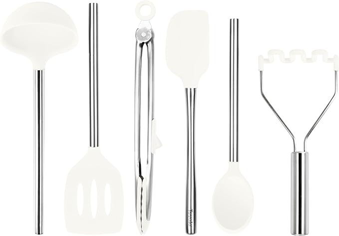 Tovolo Silicone Cooking Utensil Set of 6 Stainless Steel Handle Ladle Slotted Turner Tongs Flex Core Spatula Scraper Mixing Spoon & Potato Masher, Dishwasher Safe BPA Free Utensils, White