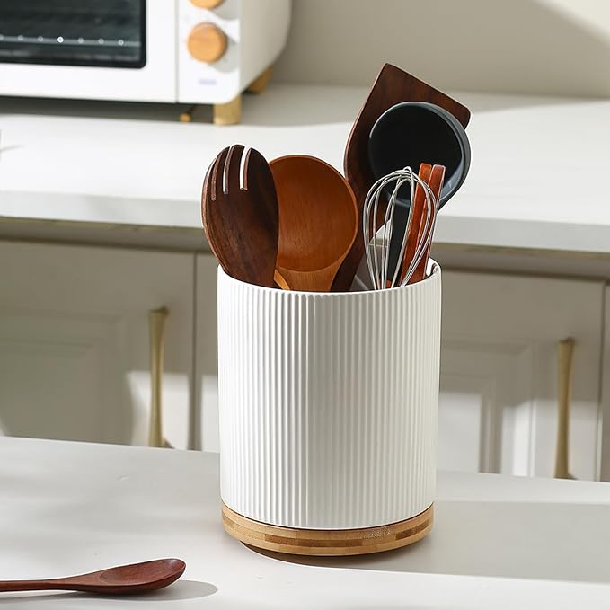 360° Rotating Utensil Holder for Kitchen Countertop, 7.76" Kitchen Utensil Holder, Rotating Utensil Crock, Extra Large Ceramic Utensil Holder for Kitchen (White)