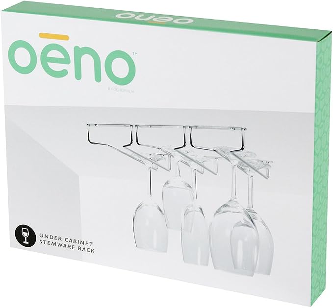 Oenophilia Under Cabinet Stemware Rack, Wine Glass Holder Under Cabinet Kitchen, Chrome Finish, Holds 6-9 Glasses Depending on Style