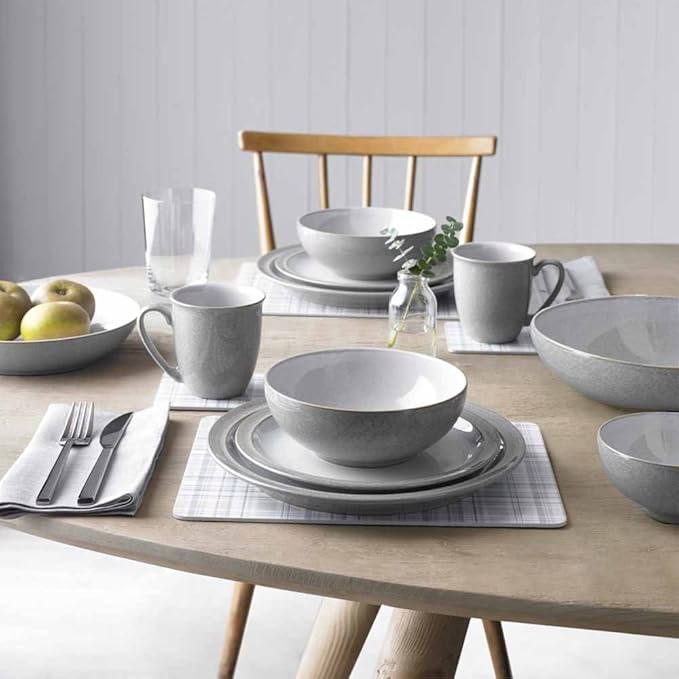 Denby - Elements Light Grey Coffee Mug Set of 4-330ml Stoneware Ceramic Tea Mug Set For Home & Office - Dishwasher Safe, Microwave Safe - Pale Grey, White - Chip Resistant