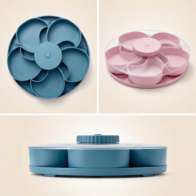 Divided Serving Tray That Spins - Perfect for Snacks, Dips & Party Appetizers, Rotating Snack Box Container with Lid, Lazy Susan Organizer Veggie Fruit Tray for Kitchen,Travel and Picnic (Pink)
