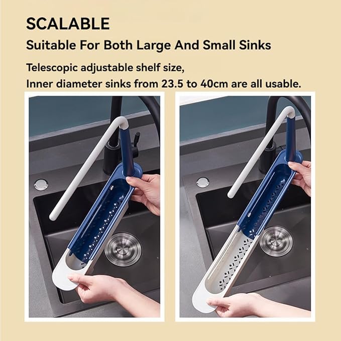 2026 Updated Telescopic Sink Storage Rack Adjustable, Kitchen Organizer Soap Sponge Holder with Dishcloth Hange, Expandable Length Sink Rack Holder for Home Kitchen (Blue)