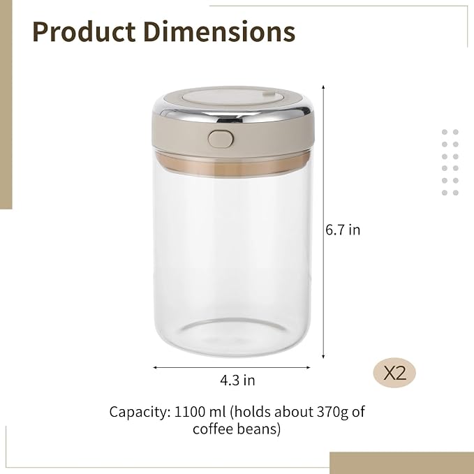 Homaisson 2 PCS Glass Coffee Canister 1100ml, Airtight Coffee Bean Storage Jar with One-Way CO₂ Vent, Date Tracking Dial & One-Press Seal Lid, High Borosilicate Glass Coffee Container for Tea Sugar
