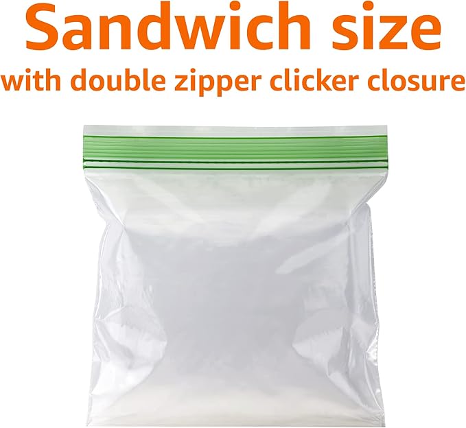 Amazon Basics Resealable Double Zipper Sandwich Storage Bags for Food Storage, (Previously Solimo), 300 Count (Pack of 2)