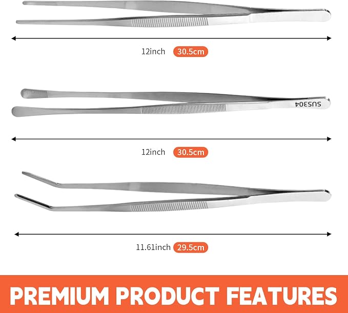 3PCS Kitchen Tweezers Set, 12 Inch Stainless Steel Cooking Tongs