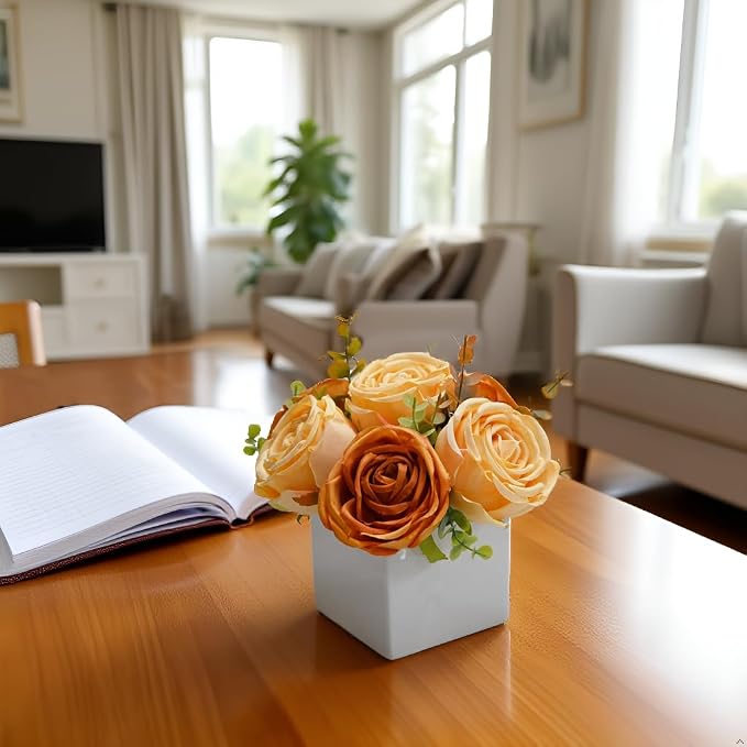 Fall Artificial Orange Silk Fake Rose with Ceramic Vase Autumn Table Decor | White Ceramic Vase Floral Arrangement, Autumn Decor for Office Kitchen Shelf Bathroom Shelf FarmhouseThanksgiving Halloween