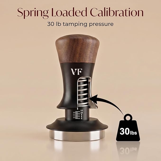 Espresso Tamper for 54mm Portafilter – Adjustable Depth Spring Loaded Tamper for Consistent Tamping – Barista Coffee Press Tool with Stainless Steel Base – Black & Walnut