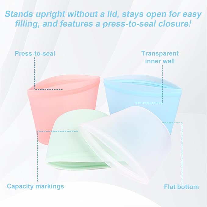 4-Pack Reusable Silicone Food Storage Bags, Stand-Up Pinch-Seal Design, BPA-Free, Microwave & Dishwasher Safe, Mixed Colors (34 oz)