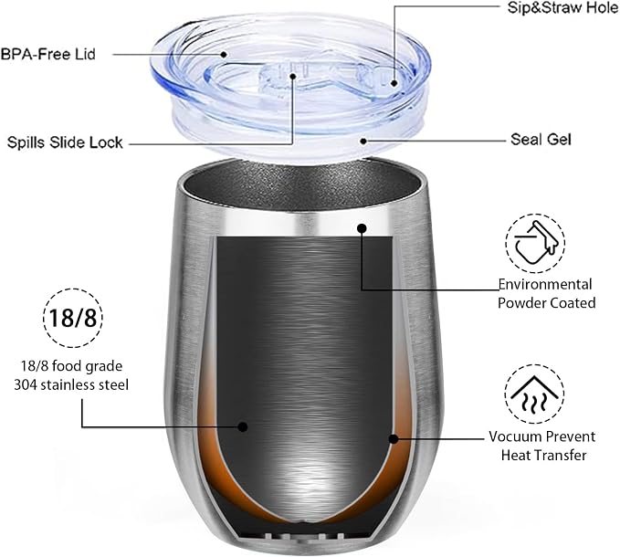 MEZMUT 12oz Insulated Wine Tumbler with Lid Double Wall Vacuum Stainless Steel Wine Glass Coffee Mug Insulated Tumbler Cup for Champaign, Cocktail, Beer (Silver, 1 Pack)
