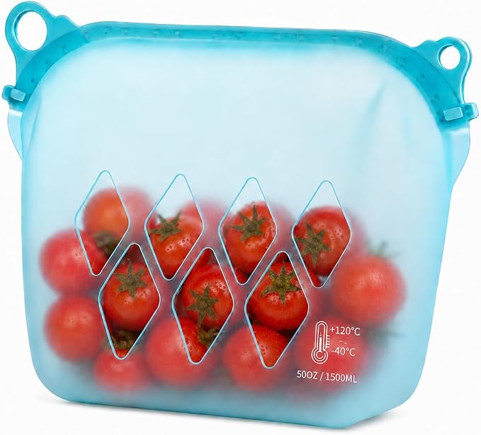 Yosmer Reusable Silicone Food Storage Bag, 50oz/1500ml Food-Grade Silicone Stand-Up Bag with Magnetic Self-Sealing Opening, Clear Windows, Freezer & Dishwasher Safe, Aqua, 1 Pack