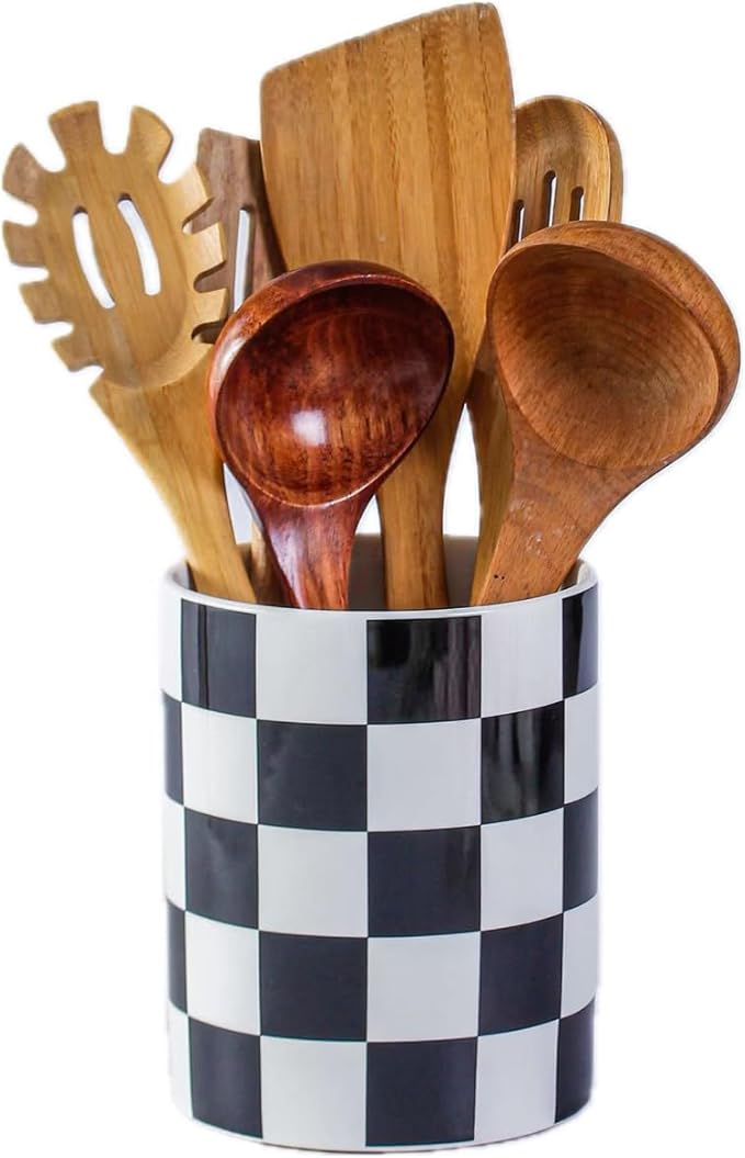 Kitchen Utensil Holder, 6.3 Inch Checkered Ceramic Cooking Utensil Holder Modern Utensil Crocks for Kitchen Counter-Farmhouse, Housewarming Gift, Decor and Accessories (Black, 6.3 Inch)
