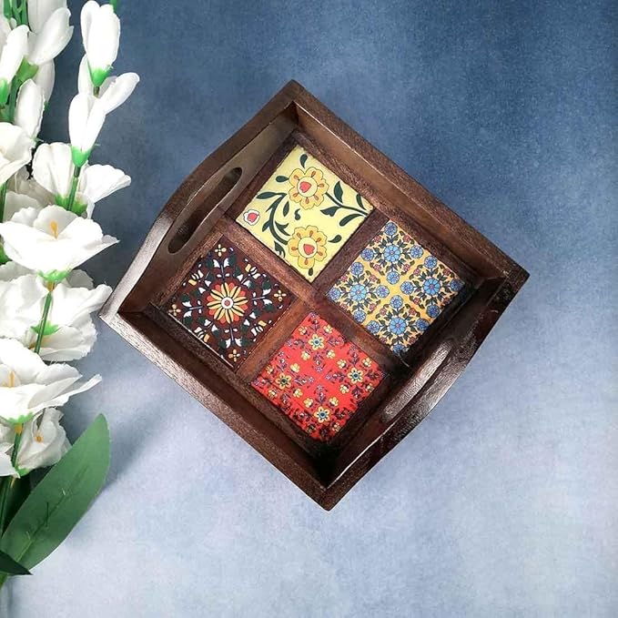 Erving Tray with Ceramic Tiles | Tea & Snacks Serving Platter Wooden | Square Tray with Handles - for Home, Dining Table, Kitchen Decor & Gifts - 9 Inch
