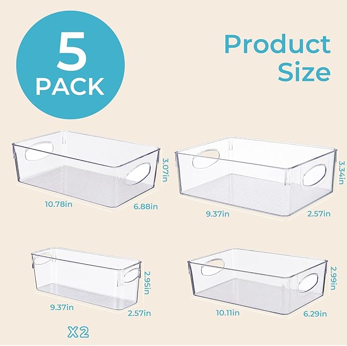 UFORU 5 Pack Clear Pantry Organizers and Storage, Stackable Plastic Storage Bins with Handles, Clear Storage Bins for Kitchen, Fridge, Freezer, Cabinet and Containers for Pantry Organization